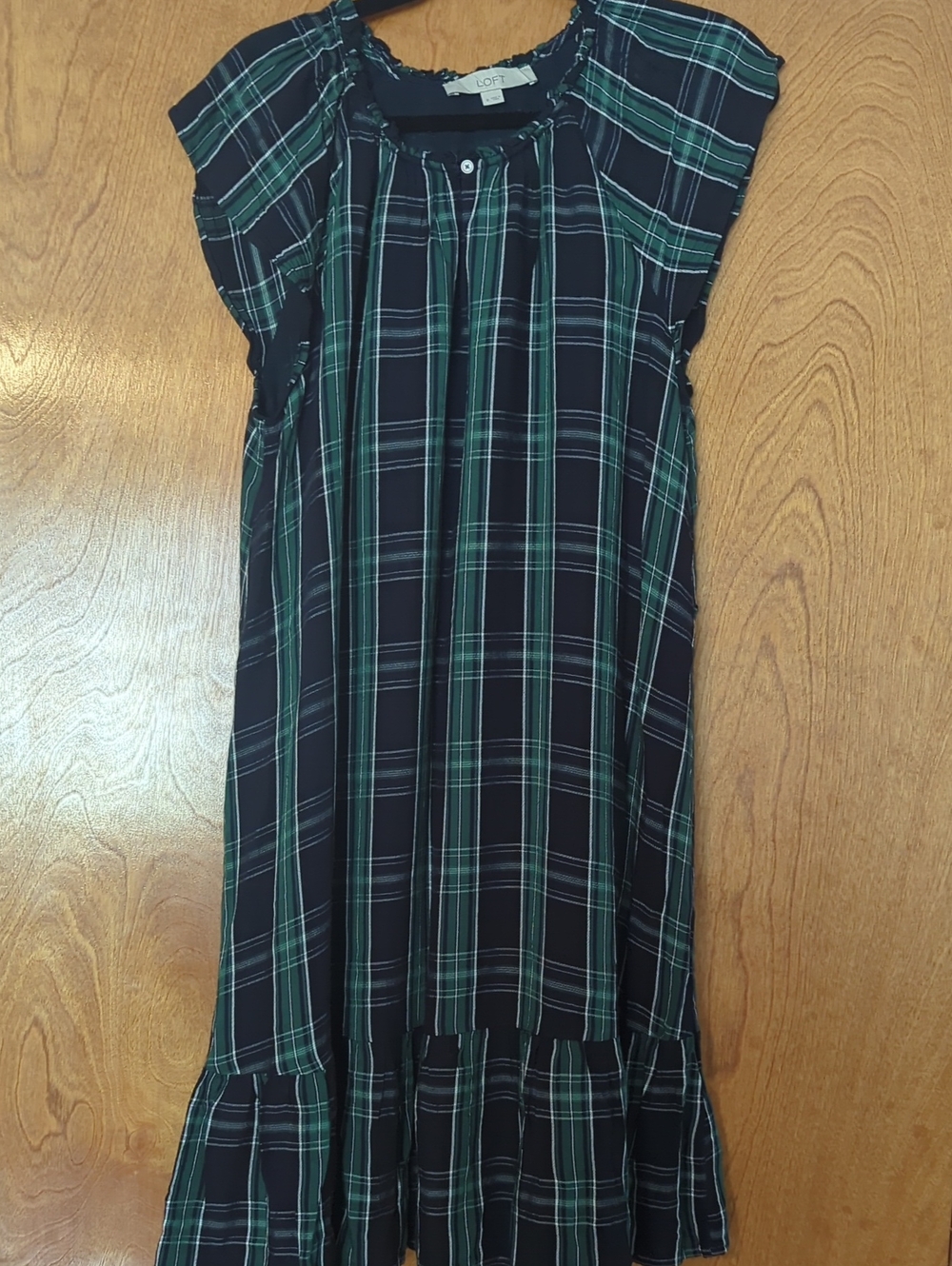LOFT Navy & Green Plaid Ruffle-Hem Midi Dress